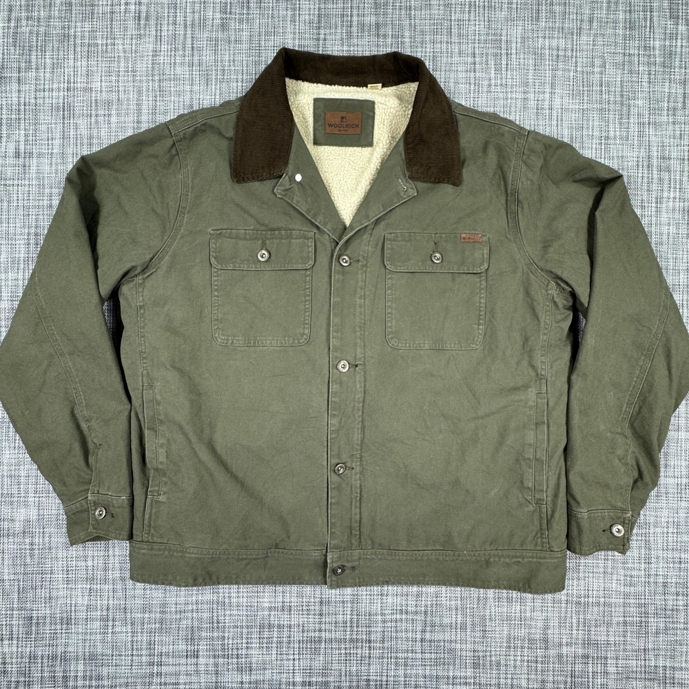 Woolrich Mens XL Cotton Canvas Trucker Jacket Green Sherpa Lined Corduroy Collar